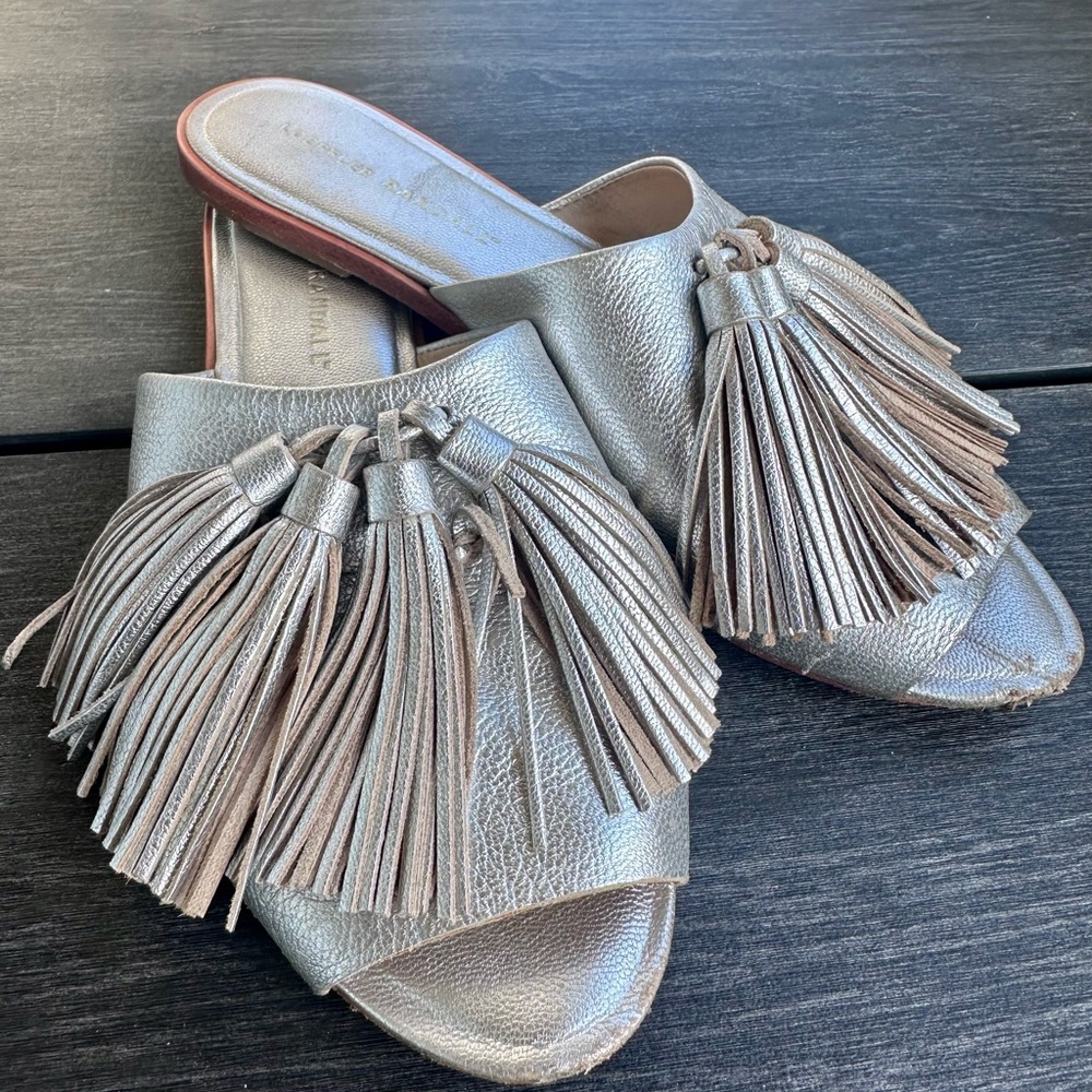 Loeffler Randall Kiki Silver Metallic Leather Tassels Slip On Slides Sandals 6